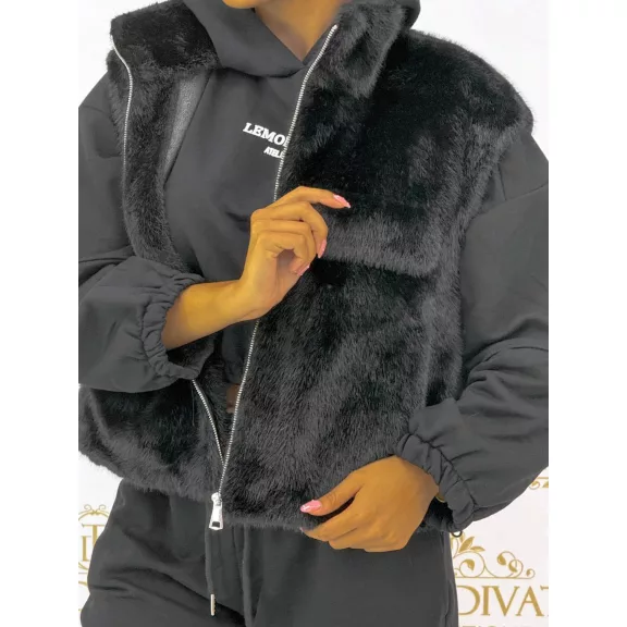 Stand-up collar, shortened, zippered faux fur women's vest "25189" - Chocolate / L