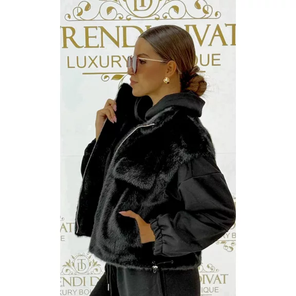 Stand-up collar, shortened, zippered faux fur women's vest "25189" - Black / L