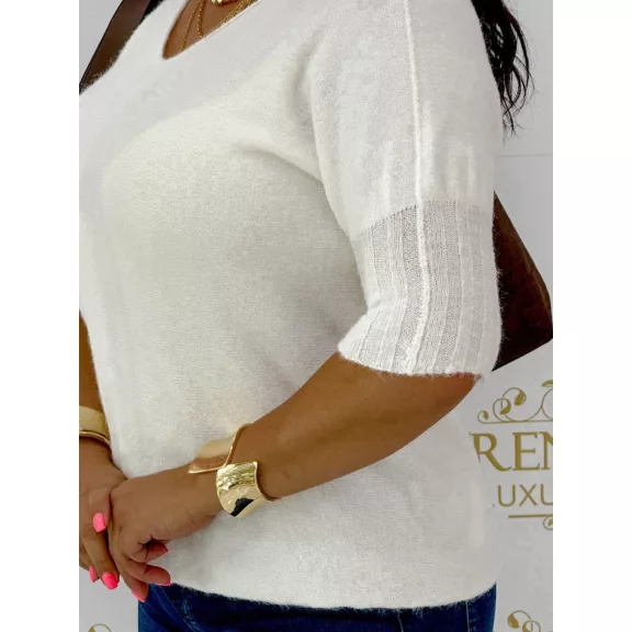 V-neck, soft mohair-effect knit top with ribbed cuffs - Black