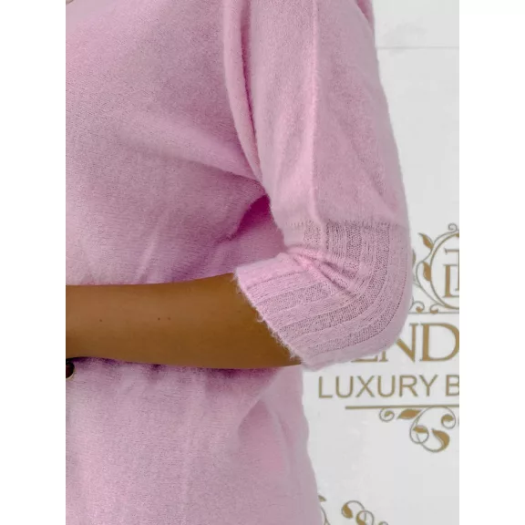V-neck, soft mohair-effect knit top with ribbed cuffs - Pink