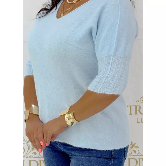 V-neck, soft mohair-effect knit top with ribbed cuffs - Dark Blue
