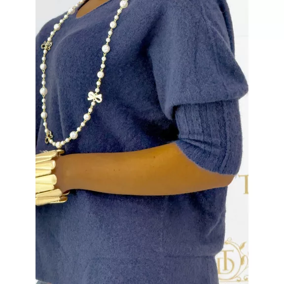 V-neck, soft mohair-effect knit top with ribbed cuffs - Dark Blue