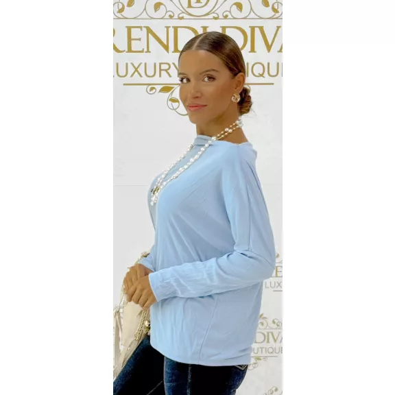 Hair-striped, drop-neck long-sleeved women's top "u8706" - Baby Blue