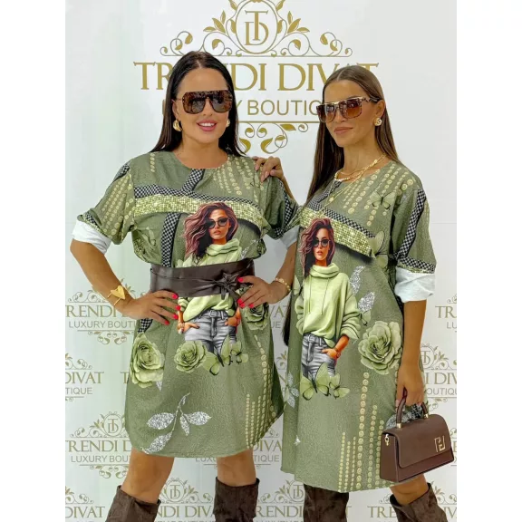 Oversize női portrés és rózsa mintás tunika ruha - Keki zöld Oversize női portrés és rózsa mintás tunika ruha - Keki zöld