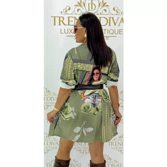 Oversize női portrés és rózsa mintás tunika ruha - Keki zöld Oversize női portrés és rózsa mintás tunika ruha - Keki zöld