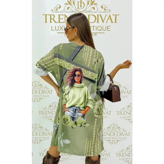 Oversize női portrés és rózsa mintás tunika ruha - Keki zöld Oversize női portrés és rózsa mintás tunika ruha - Keki zöld