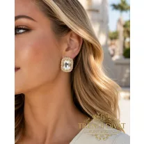   Long dangling earrings with mineral stones and gold frame - pale blue - Gold|Silver