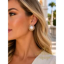 Golden floral dangling earrings - White/Gold