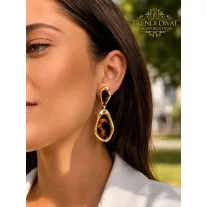  Long dangling earrings with mineral stones and gold frame - pale blue - Gold|Black/Brown