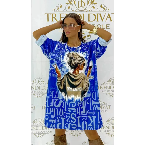 Oversize tunikaruha kontyos lány grafikával és betűmintával - Királykék