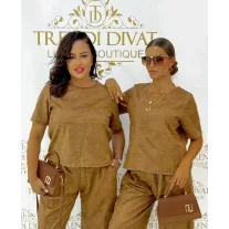   Knitted material, lurex fiber, T-shaped striped top - Mocha Brown