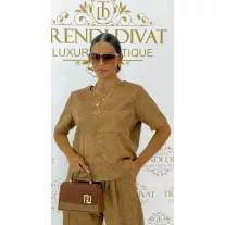   Knitted material, lurex fiber, T-shaped striped top - Mocha Brown