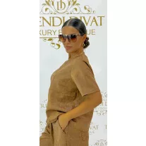  Knitted material, lurex fiber, T-shaped striped top - Mocha Brown