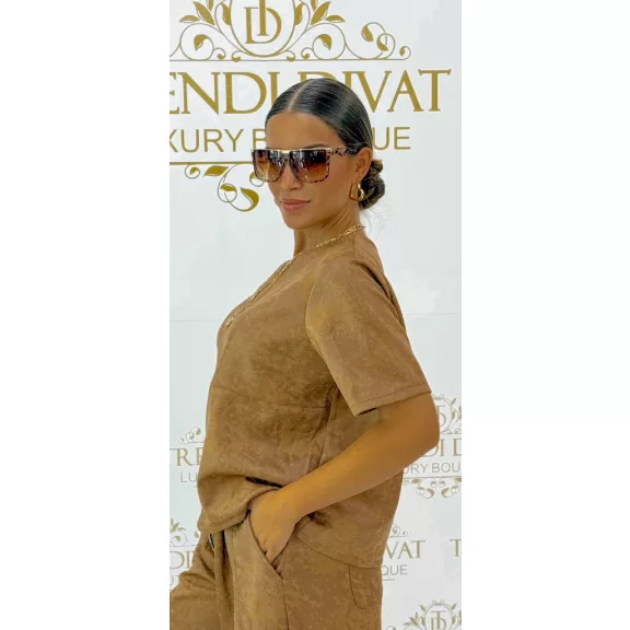 Knitted material, lurex fiber, T-shaped striped top - Mocha Brown