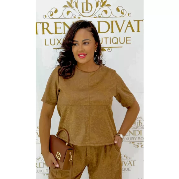 Knitted material, lurex fiber, T-shaped striped top - Mocha Brown