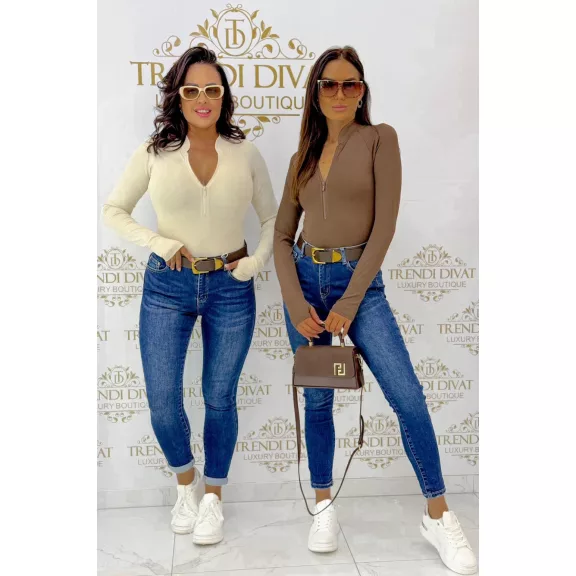 Hosszú ujjú cipzáros női body "S90135" - Krém