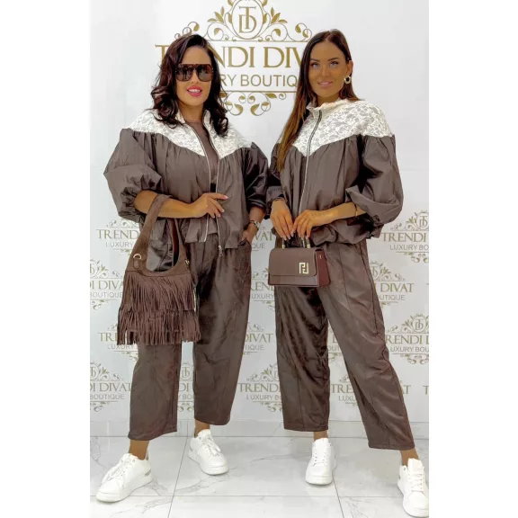 Elegáns női bomber dzseki csipkével -Kétszínű lezser őszi kiskabát 3/4-es ujjal - Csoki barna Elegáns női bomber dzseki csipkével -Kétszínű lezser őszi kiskabát 3/4-es ujjal - Csoki barna