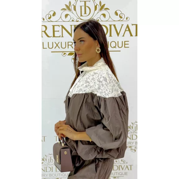 Elegáns női bomber dzseki csipkével -Kétszínű lezser őszi kiskabát 3/4-es ujjal - Csoki barna Elegáns női bomber dzseki csipkével -Kétszínű lezser őszi kiskabát 3/4-es ujjal - Csoki barna