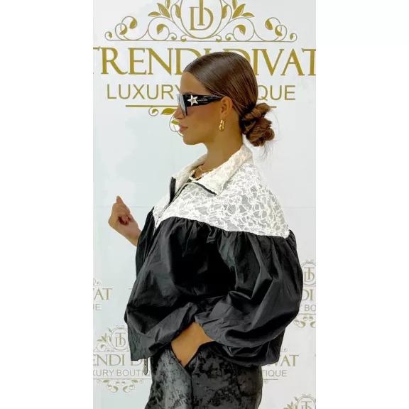 Elegáns női bomber dzseki csipkével -Kétszínű lezser őszi kiskabát 3/4-es ujjal - Fekete Elegáns női bomber dzseki csipkével -Kétszínű lezser őszi kiskabát 3/4-es ujjal - Fekete