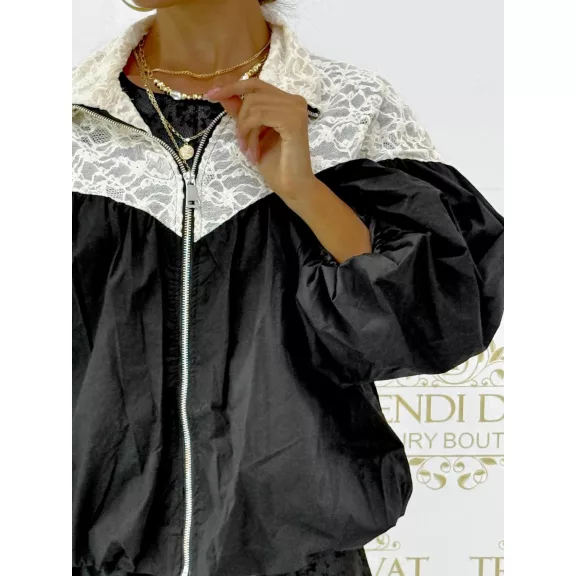 Elegáns női bomber dzseki csipkével -Kétszínű lezser őszi kiskabát 3/4-es ujjal - Fekete Elegáns női bomber dzseki csipkével -Kétszínű lezser őszi kiskabát 3/4-es ujjal - Fekete