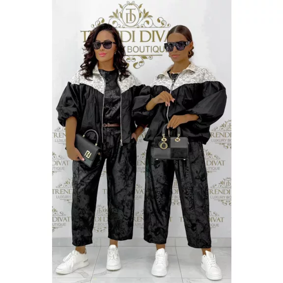 Elegáns női bomber dzseki csipkével -Kétszínű lezser őszi kiskabát 3/4-es ujjal - Fekete Elegáns női bomber dzseki csipkével -Kétszínű lezser őszi kiskabát 3/4-es ujjal - Fekete