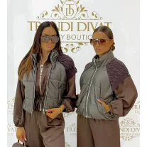   Stand-up collar, short style, quilted, zippered vest - Chocolate