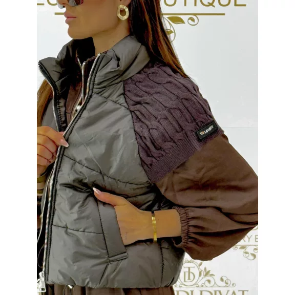 Stand-up collar, short style, quilted, zippered vest - Chocolate