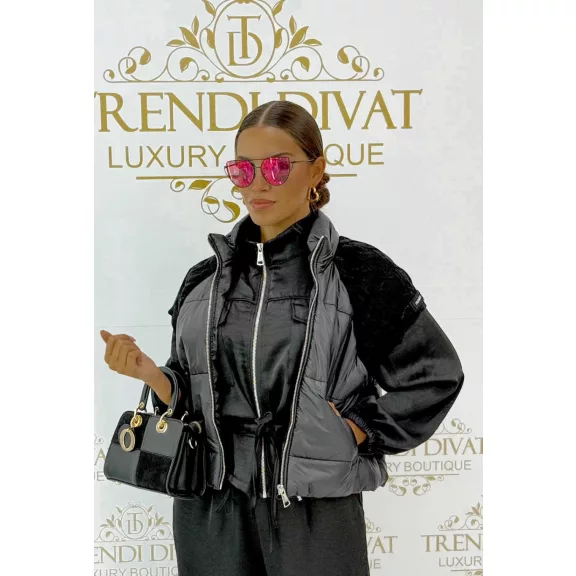 Stand-up collar, short style, quilted, zippered vest - Black