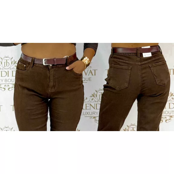 Magas derekú női mom fit farmernadrág, ajándék övvel "BF5796-60" - Csoki barna - XS