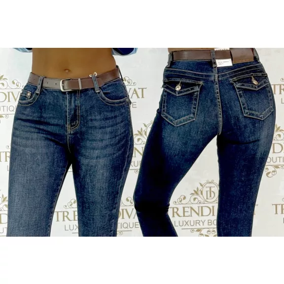 Testhezálló női slim fit farmernadrág különleges hátsó zsebmegoldással, övvel "SZ3636-G" - M